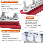 AMOMD 300A Bus Bar 3 Terminal Studs (3/8 inch) M10 4x8#-32 Screws Nickel Plated Copper Distribution Block Negative Electrical Buss Bars 12-48 V DC with Cover for Trailer Marine Boat Car RV (Red)