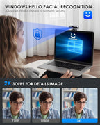 2K HD Webcam with Infrared Windows Hello Facial Recognition, Computer Camera, Privacy Cover, Noise Canceling Microphones, Laptop Webcam For Video Conferencing, Live, Streaming, Online Learning