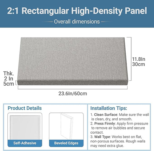 4 Pack High-Density Core with Fabric Cover Acoustic Panels – 24×12×2 In Self-Adhesive Soundproofing and Sound-Absorbing Wall Panels for Echo Reduction in Studio, Theater, or Recording (Pebble Gray)
