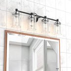 PHIXART Bathroom Lighting Fixtures Black and Chrome Bathroom Vanity Light with Cylindrical Clear Stripes Glass Lampshade E26 Socket Base Bathroom Lighting Fixtures Over Mirror (4 Lights)