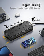 Power Strips with Surge Protection 10 FT, SUPERDANNY 18 AC Outlets and 4 USB Ports, Flat Plug Heavy Duty Extension Cord, 1875W/15A, 2100 Joules for Home, Office, Dorm, Black