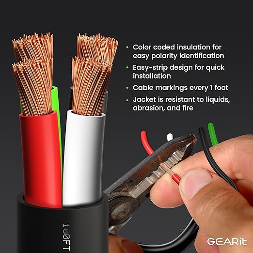 GEARit Outdoor Speaker Wire CL3 Rated, 14 Gauge Speaker Wire, Speaker Cable 20 ft for Outdoor Speakers, Patio, Garden, Backyard Audio, Direct Burial in Ground/in Wall, OFC (Black, 4-Conductors)