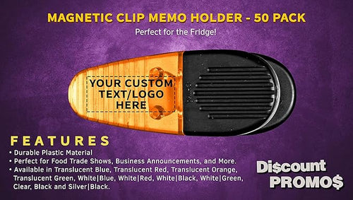 50 Magnetic Memo Holders Set - Customizable Text, Logo - Large Clip, Plastic - Orange