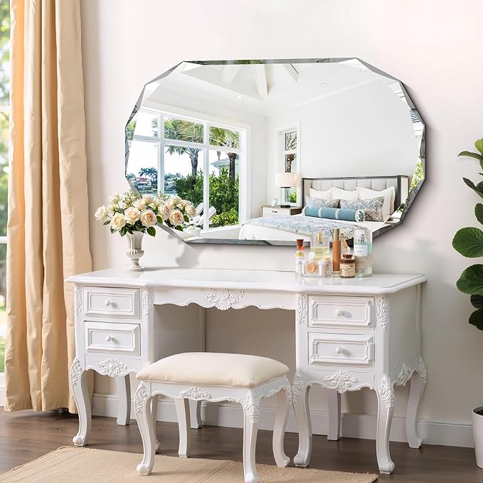 GLASHOM Beveled Edge Frameless Bathroom Mirror, Oval Wall Mirror for Over Sink, 28" x 48" Modern Decorative Vanity Mirror for Bedroom, Living Room, Entryway, Hanging Mirror Horizontal or Vertical