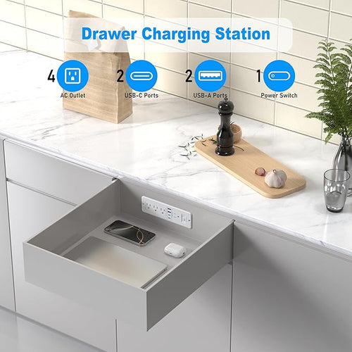 65W USB C Recessed Power Strip, Flush Mount Desktop Recessed Outlet with 4AC & 2 PD GaN USB C & 2 USB-A Ports, 10ft Furniture Hidden Drawer Fast Charging Station for Home Office