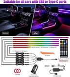 KENANEK 175’’ Acrylic Car Ambient Lighting Kit – 6 RGB LED Light Strips, APP/Remote/Control Box, Music Sync, Dual USB Cigarette Lighter, Universal Fit for Car/SUV/Truck