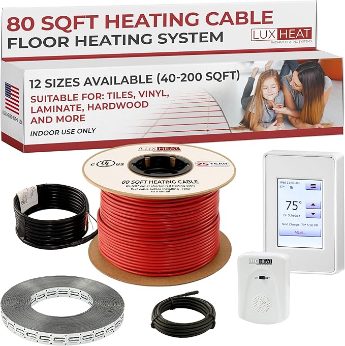 LuxHeat 80sqft Floor Heating Cable Kit - 240v Radiant Floor Heat System - Heated Flooring System Includes UDG4 Programmable Thermostat w/GFCI, Heating Cable, Strapping, Flooring Sensor & Alarm