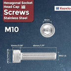 Kozelo 4pcs Socket Head Cap Screws - [M10-1.5 x 45mm] 304 Stainless Steel Allen Socket Drive for Electrical Motor 3D Printing Fan Engine Replacement Use, Silver