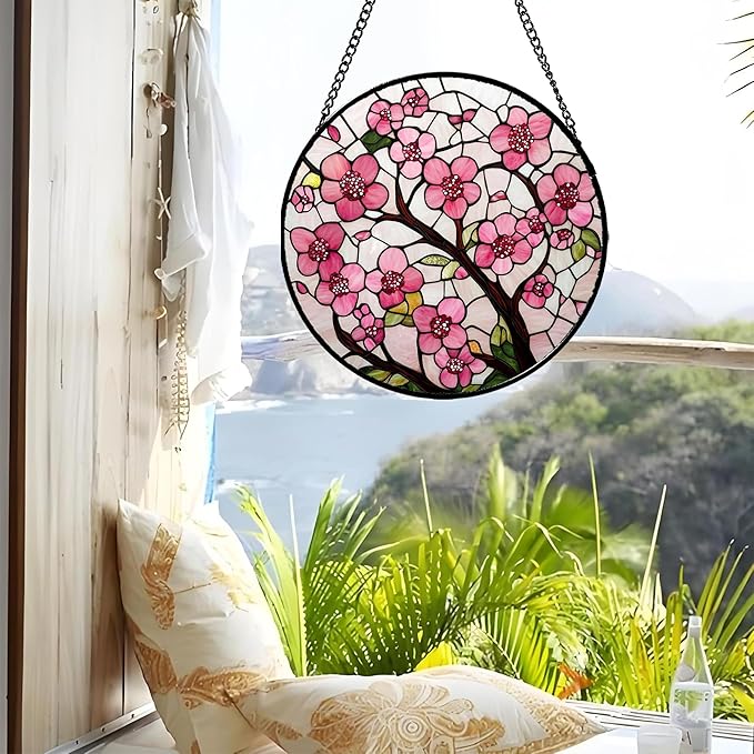 CRISGIF Stained Glass Window Hanging - Cherry Blossoms Birth Flower Suncatcher for Door Garden Patio Sun Catchers Decor Christmas Mother's Day Birthday Gifts for Women Mom Nana Friend Wife 7.8 in