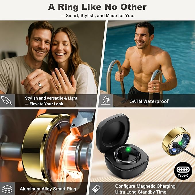 Smart Ring for Women Men, Fashion Minimalist Fitness Ring & Sleep Tracker Ring with Heart Rate, SPO₂,Blood Pressure,5ATM Waterproof Health Ring, No Subscription,Womens Gifts for Men(Gold,Size 9)