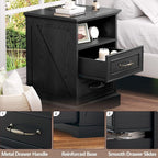 Nightstand with Charging Station,18" Wide End Table with 2 Large Drawers & Metal Handles,Rustic Farmhouse Wood Small Dresser,Bedside Table,Modern Chest of Drawers for Bedroom,Living Room,Black