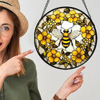 AMDERVEN Stained Glass Window Hanging - Yellow Flowers Surrounded by Bees Sun Catcher for Door Garden Home Decor Cute Suncatcher Christmas Mother's Day Birthday Gifts for Women Men Mom Nana 11.8 in