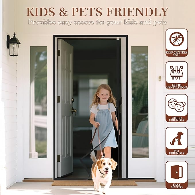 Yotache Reversible Left/Right Opening Magnetic Screen Door Fits Door Size 32"x80", Screen Size 34"x81", Removable Upgraded Polyester Screen Mesh with Strong Magnets for Front/Back Patio Door, Black