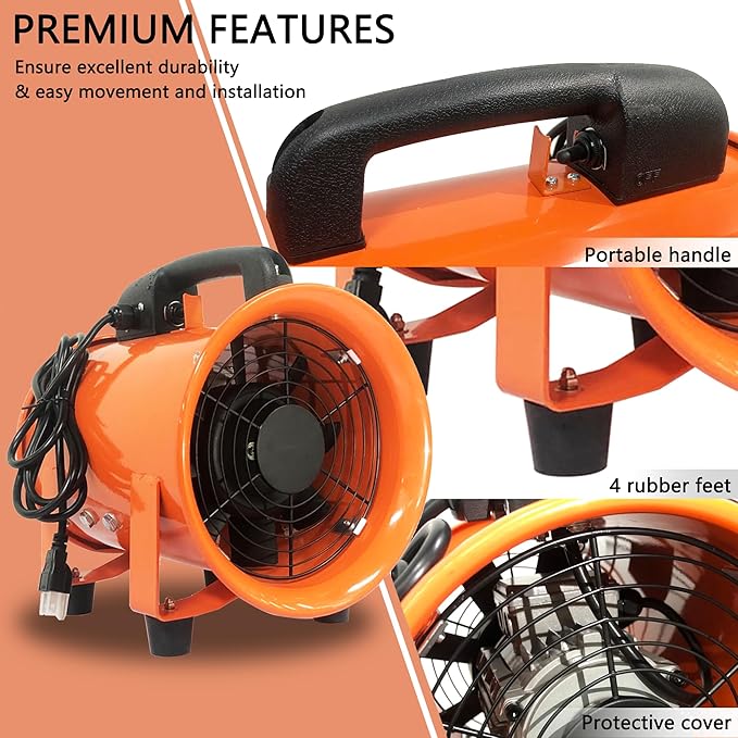 FICBXRA Utility Blower Fan 10 Inch Portable Axial Exhaust Fan 350W/2.6A 1600CFM High Velocity Ventilator with 16FT Duct Hose for Exhausting & Ventilating at Home and Job Site