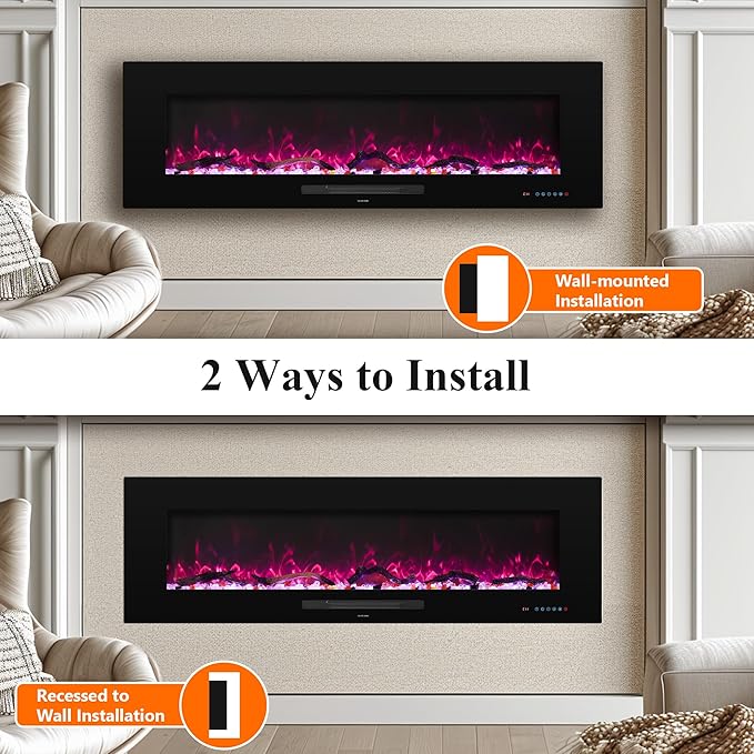 36" Electric Fireplace Inserts, Recessed & Wall Mounted Fireplace Heater Colorful Flame &Fuel, Remote Control Setting Dimer, Thermostat &Timer, Plug in &Hard-Wire Option, 750W/1500W, Black