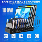 RISWOJOR Charging Station for Multiple Devices, 100W 10 Ports Charging Dock with 10 Cables Smart IC Tech and Adjustable Dividers Type-C，Multi USB Charger for iPhone Galaxy iPad Tablet，Black