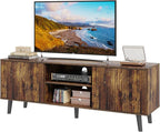 EROMMY 63'' Fluted TV Stand for 70 Inch TV, Modern Entertainment Center with Sliding Doors & Storage Cabinet, Mid Century Media TV Console for Living Room, Brown