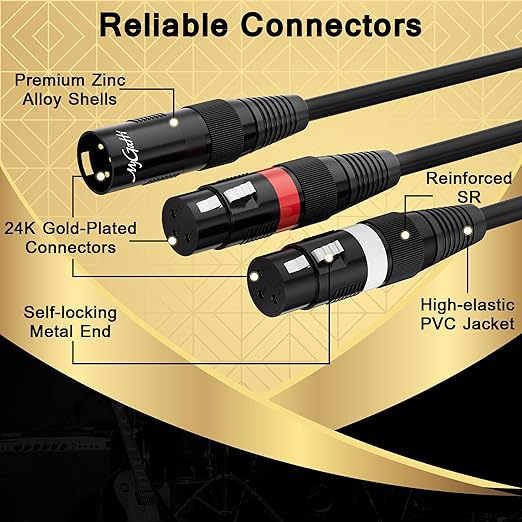 Mygatti XLR Splitter Y-Cable 6 FT, Gold-Plated 3-Pin Male to Dual Female Patch, Bi-Directional Balanced Microphone Adapter Cord, Oxygen-Free Copper