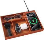 Valet Tray, Built in Wireless Charging Pad, Nightstand Organizer, Two-Toned Premium Vegan Leather Desk Bedside Caddy Organizer Tray for Keys, Watch, Wallet,Jewelry (Brown Patchwork)