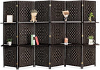 Bonnlo Upgraded Heavy Duty 6FT Tall Rattan Room Divider Screens with Partition Wall 2 Display Shelves, Indoor Folding Screen Dual-Sided Hinges for Home Office (6 Panels)