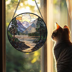 AMDERVEN Stained Glass Window Hanging, Sunset Mountains Lake Tree Sun Catcher for Window Home Decor Landscape Suncatcher Mother's Day Birthday Gifts for Women Men Mom and Nana 7.8 in