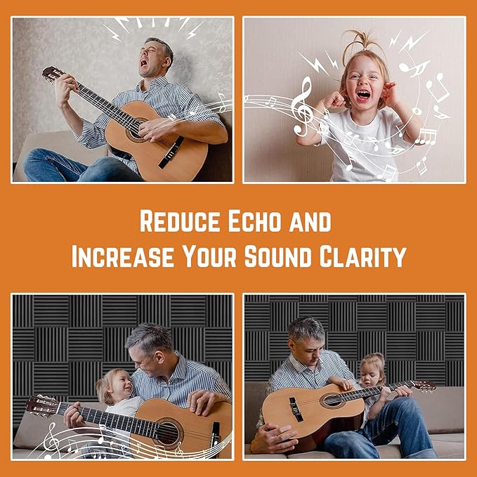 Saiqiang Acoustic Foam Panels Sound Absorbing 12 Pack - 1" X 12"X 12" Sound Proof Panels Noise Reducing for Walls, High Density Sound Deadening Panels Black Wedge for Studio Recording & Office & Home