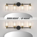 PHIXART Bathroom Lighting Fixtures Black and Gold Bathroom Vanity Light with Cylindrical Clear Stripes Glass Lampshade E26 Socket Base Bathroom Lighting Fixtures Over Mirror (4 Lights)