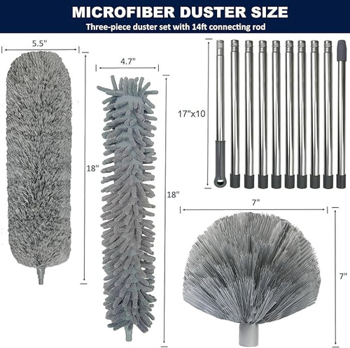20+ Feet High Reach Duster Kit with 3-14 ft Extension Pole for Cleaning Fan, Spider Web, High Ceiling, Blinds, Furniture, Cars - Cobweb Microfiber Duster // Outdoor & Indoor Extendable Duster