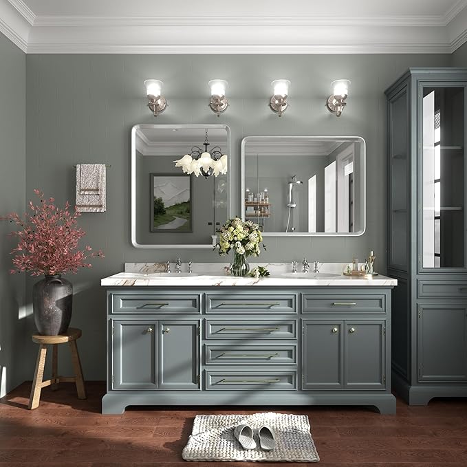 28x36 Brushed Silver Mirror for Bathroom, Nickel Silver Metal Framed Vanity Mirror with Beveled Border, Round Corner, Shatterproof, Anti-Rust (Horizontal/Vertical)