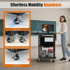 All-Steel Rolling AV Cart with Adjustable Height & Built-in Power – Heavy-Duty Media Workstation with Drop-Leaf Shelves & Wheels for Projectors, Laptops, Printers – Classroom, Office & Studio, Black