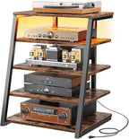 Armocity 5-Tier AV Media Stand with Power Strips, Media Console with LED Lights, Audio Tower Rack with Adjustable Shelves, Stereo Stands and Racks, 40.8'', Rustic Brown