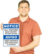 Brimar - 10" x 14" - Bilingual All Visitors Report Site Office Sign - .055″ Polyethylene Plastic - Bold Text And Symbol - Easy Installation