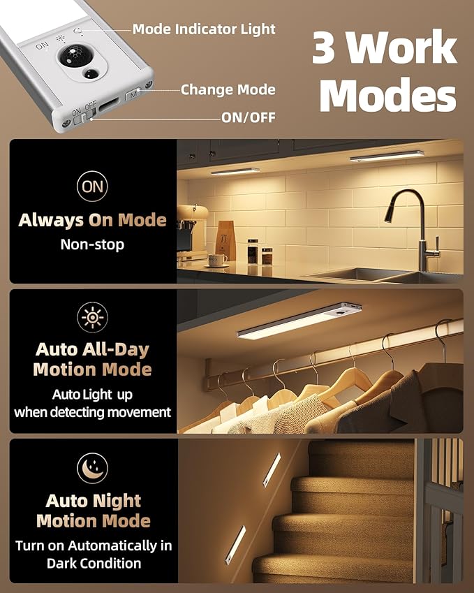EZVALO 5-Pack Under Cabinet Lighting, 2400mAh Motion Sensor Light, LED Closet Lights Wireless, 2700K Dimmable, Timer, Magnetic, with Remote Control for Kitchen, Closet, Stair
