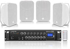 Sound Town Commercial Restaurant Bluetooth Amplifier + Surface-Mount Speaker Set, with One 6-Zone 70V/100V Amplifier with Bluetooth, 4 x 6.5-Inch Surface-Mount Speakers, White (STCA180X4MS6W)