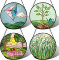 AMDERVEN Stained Glass Window Hanging 4 Pcs Set Pink Green Spring Saplings Flowers Large 15" - Suncatcher Door Garden Sun Catcher Home Decor Mother's Day for Woman Nana Mom Men