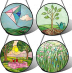 AMDERVEN Stained Glass Window Hanging 4 Pcs Set Pink Green Spring Saplings Flowers 9.8" - Suncatcher Door Garden Sun Catcher Home Decor Mother's Day for Woman Nana Mom Men