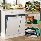 Tilt Out Trash Can Cabinet Dog Proof with Double Wood Hidden Holder, Kitchen Free Standing Recycling Cabinet（White）