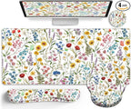 LIMKRIAN Floral Mouse Pad Set Large Desk Mat for Desktop, Ergonomic Mouse Pad with Gel Wrist Rest for Gaming, Computer Keyboard Mat Wrist Support Cup Coaster Set, Women Office Desk Accessories Decor