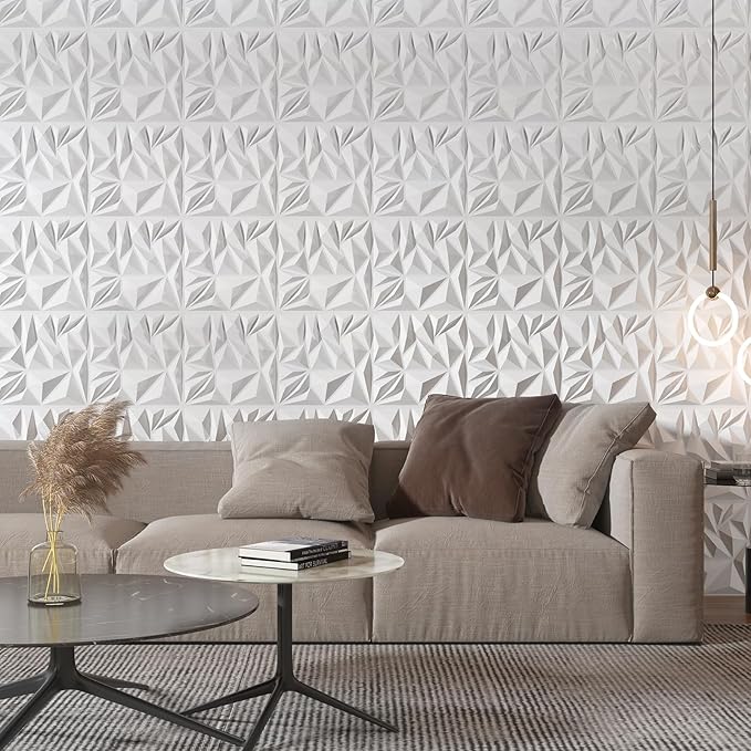 Art3d 33-Pack 3D Wall Panels for Interior Wall Decor, Modern Diamond Textured Accent Wall Paneling for Gaming Living Room TV Wall Background, 12 x 12 inch White, A10342