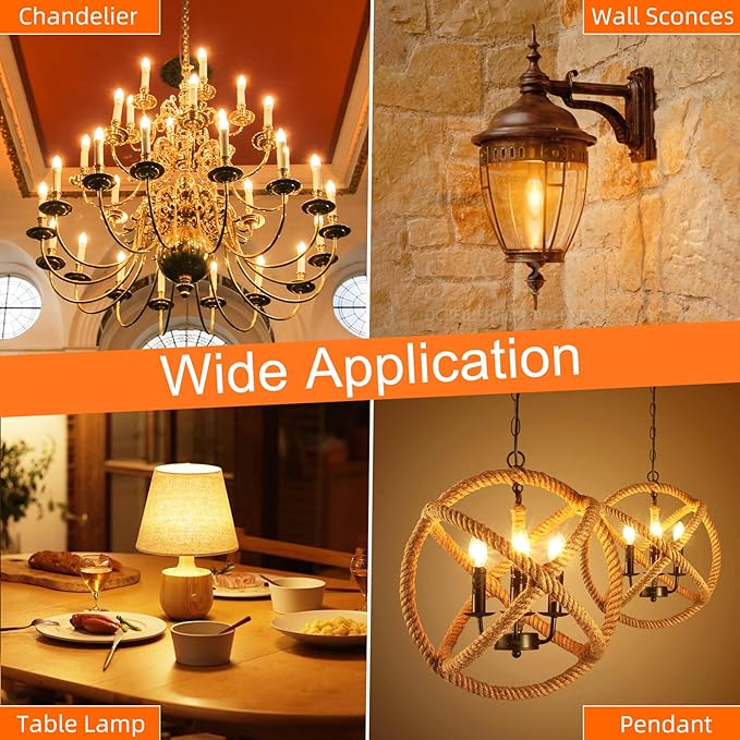 GvvooHome Candelabra Light Bulbs 40 watt Equivalent, E12 LED Bulb Dimmable B10 Candle Light Bulbs, 2200K Amber Warm, Chandelier Light Bulb, 90+CRI, 400LM, Amber Glass Finish, 24 Pack