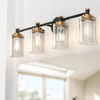 PHIXART Bathroom Lighting Fixtures Black and Gold Bathroom Vanity Light with Cylindrical Clear Stripes Glass Lampshade E26 Socket Base Bathroom Lighting Fixtures Over Mirror (4 Lights)