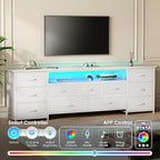 Huuger 70 Inch TV Stand for 75, 80 Inch TV, 11 Drawer Long Dresser with Power Outlets and LED Lights, Entertainment Center with Storage, White Dresser with PU Leather Surface, 1TS011W