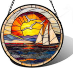 DASTOLL Stained Glass Window Hanging, Sun Ocean Sailboat Seagull Abstract Suncatcher Diamond Glass Panel Sun Catchers Decor for Birthday for Women, Men, Wife, Aunt, and Mom 6.3 in