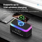 AUVODA S300 Portable Bluetooth Speaker with 15W Fast Wireless Charging, 13-Color Dimmable Night Light, White Noise, Alarm, FM Radio, 16W Stereo, BT5.3, TWS, for Home, Office, Bedroom (Black)