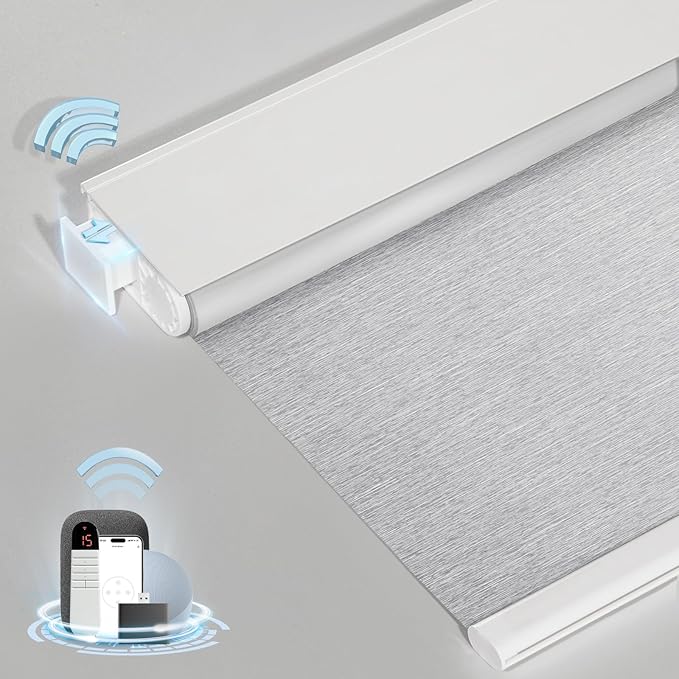 MANSNIX Smart Motorized Blinds with Remote, Cordless No-Drill Automatic Roller Shades, Blackout Electric Blind for Windows, Grey, 28 x 72