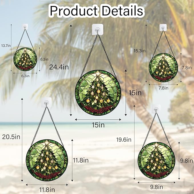 DASTOLL Stained Glass Window Hanging - Green Christmas Tree Golden Bells Suncatcher for Doors Home Christmas Decoration Sun Catcher Thanksgiving New Year Birthday Gift for Women Men Mom Nana 11.8 in