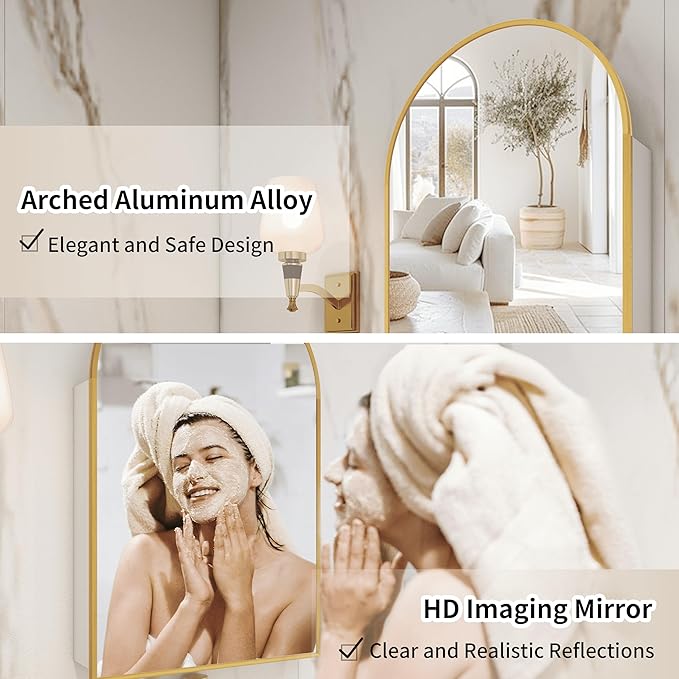 Arched Medicine Cabinet with Mirror Left or Right Opening,Bathroom Medicine Cabinet Wall Mounted,Bathroom Mirror with Storage and Adjustable Shelves,15.7x29.5 Not Recessed,Gold