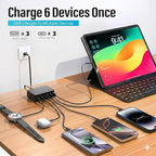 100W USB C Fast Charger, GaN III 6 Port PD+QC Multiport Charging Station Charger Hub, USB Charger Block, USB-C Adapter Plug for iPhone 17,17 Air,16,15, 14, 13, Pro Max, Galaxy S25, S24-5ft Cord
