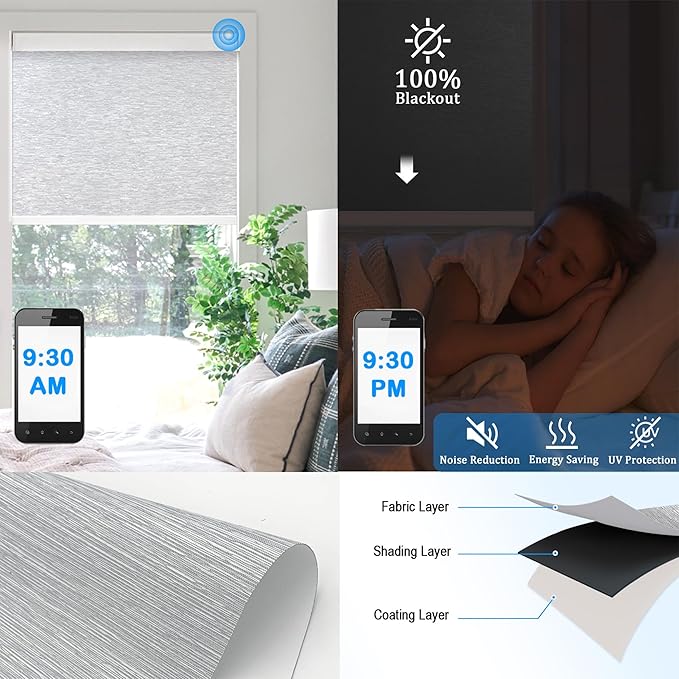 COOLWINDS Motorized Blinds with Remote Cordless Automatic Motorized Shades Custom Blinds for Windows Smart Curtains Compatible with Alexa Google Home(Blackout Jacquard Grey,W24 x H72in)