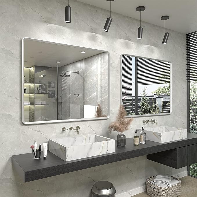 48x32 Inch Silver Bathroom Mirror for Wall, Silver Metal Framed Mirror, Rounded Rectangle Mirror, Beveled Border, Anti-Rust, Shatterproof (Horizontal/Vertical)